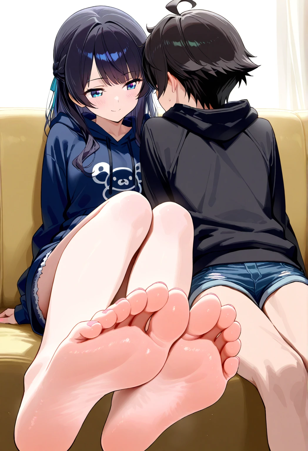 (High definition, high quality),(1 Cute woman, black hair, Medium Hair),( nude),( lie down on one's back, spread legs,on the bed, spread pussy, vaginal sex, foot of soles), (nsfw,shot from below:1.2)