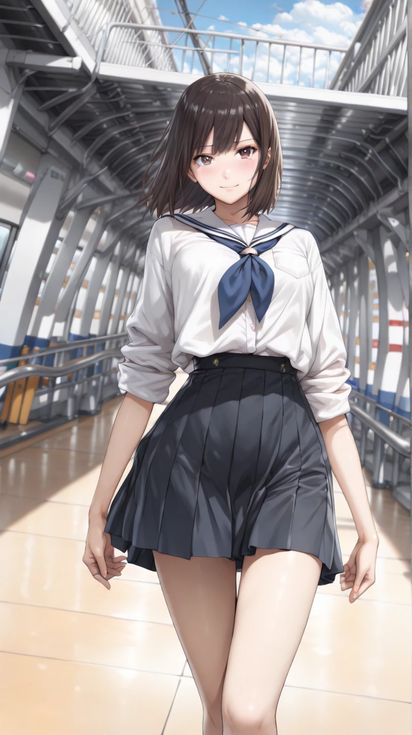 One girl, Solo White Seravuk, , Short sleeve, skirt, blue skirt, Twin Blade, Blue sailor collar, View your viewers,    port, port ,((panties))