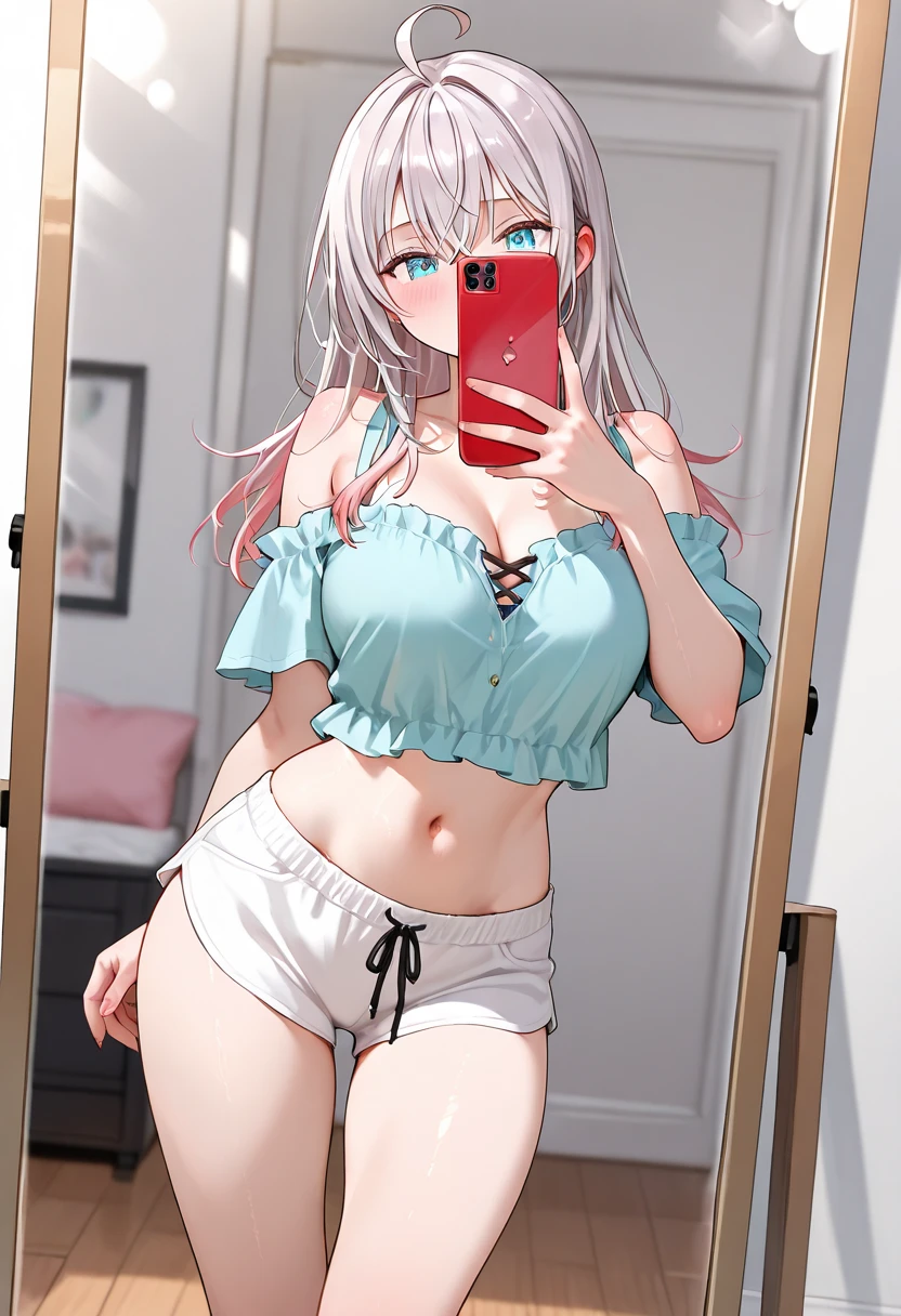 Anime girl takes selfie with smartphone, holding smartphone in front of covering face, outstretched arm, sexy bra, pantie, navel, (((white background))), huge breasts, nude,
thong, from below, spread legs, m legs, outstretched arm ,