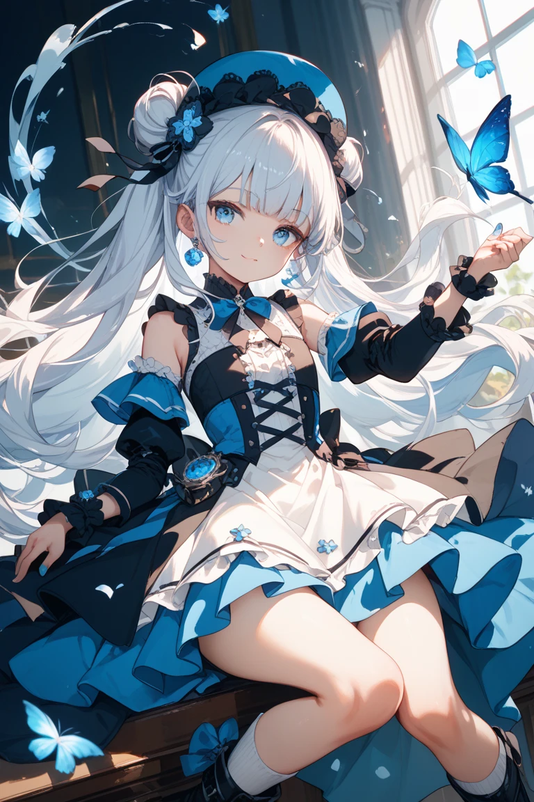 Glowing blue butterfly，misterious，blue maid outfit，Wear a headband，There is a necklace around the neck，The expression is gentle，Clear facial features，perfect bodies，1girll，blue color eyes，long  white hair，