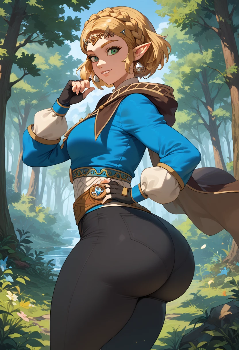 Obra maestra,La mejor calidad, (vs. Zelda)\(Princesa\), solamente, (Esbelto), largo_cabello, UHD, DSLR, HDR, pechos gigantescos, Tight clothing, escote pesado, ruboroso, sonriente, En cuclillas, Cameltoe pesado, tanga blanca, posando en un lago, (signo de paz)