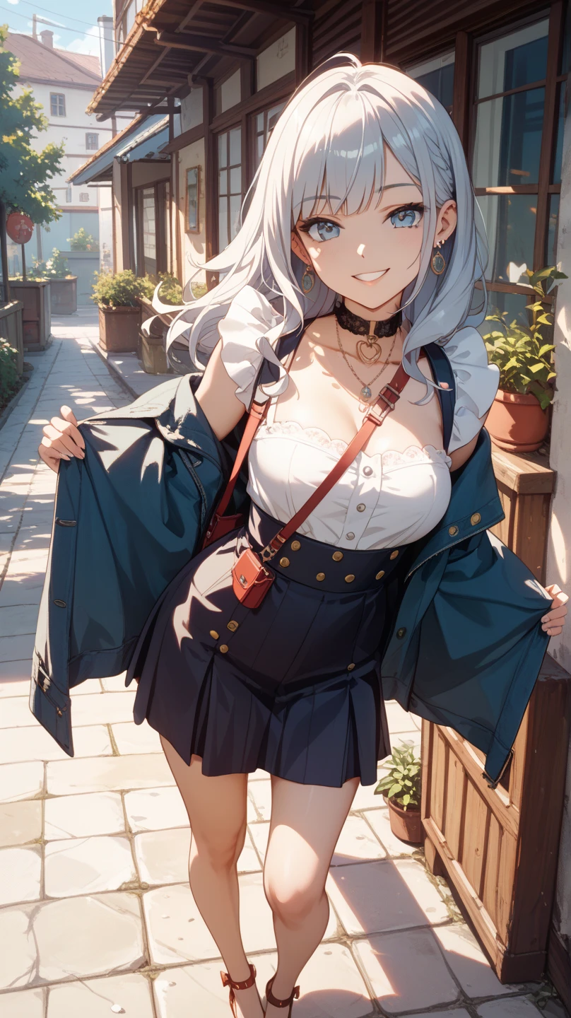 (SFW), masterpiece, best quality, highres 64k, clean, cinematic lighting, best shadow, volumetric lighting, ((beautifully detailed face,)) beautiful detailed eyes, beautifully detailed hair, multicoloured hair, (best illumination), (very sexy young female body:1.4), (medium breast, lactation ), ((seductive:1.3, ))smile, looking lovingly at the viewer, floating hair, makeup, 1girl, solo, blue eyes,  sliver long hair,  cabbie hat, open clothes, ((underboob,)) black shirt,  suspenders, plaid skirt, thighhighs, white gloves, indoors, bedroom,hand on the door,  opening door for the viewer, (welcome), (seductive pose, ) ( cowboy shot,),