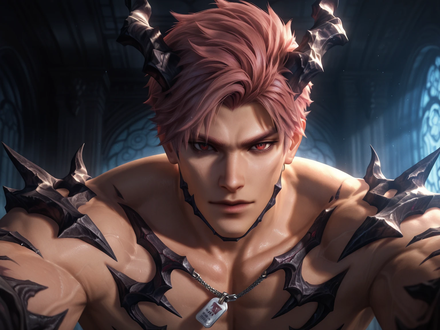 masterpiece, best quality,male focus, 1boy, horns, arataki itto, solo, vision (genshin impact), long hair, open mouth, twitter username, abs, weapon, oni horns, black nails, spikes, white hair, red eyes, body markings, red horns, holding weapon, jewelry, holding, pants, sleeveless coat, bodypaint, navel, oni, chest harness, harness, smile