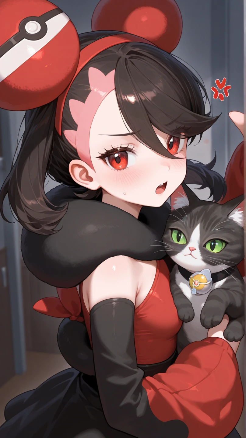 Half body, girl,  A pretty woman, long black wavy hair, Brown eyes, sexy clothes, cat ears and tail, fangs, surrounded by roses, sexy pose