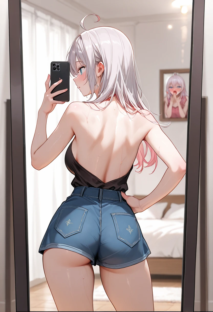(((tmasterpiece, Best quality, A high resolution))),((1 girl, Alone, Solo girl, number 1, Solo chart)) Beautiful Noelle_Silva, Long gray hair, (shairband, purple hairband), (White hair, silber hair), dual horsetail, Pig's tail, through bangs, silber hair, a purple eye, ((denim short, shorter pants, black t-shirts, short- sleeved, Crop top)), ((Butt falls off, Butt falls off, ass shot, ass shot)), ass focus, Seductive thighs, ((posterior view)), (Eternal), Indoor rest, (sobu), blur backgroun, ((cow boy shooting)), dynamicposes, alluring face, (Perfect Finger, Perfect legs, perfect anatomia), 4K