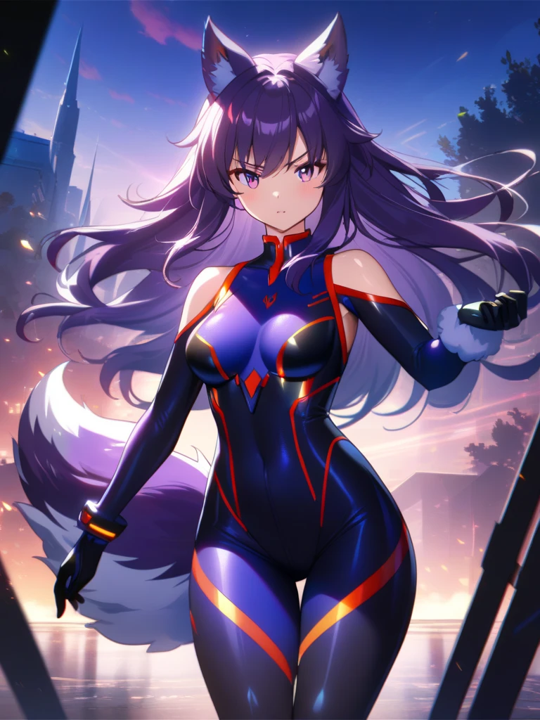 a beautiful detailed black kitsune girl, long black kitsune ears, multiple black kitsune tails, red and black zero suit, 8k, anime style, red eyes, big breasts, extremely detailed eyes and face, ultra-detailed, 4k, high quality, vibrant colors, long black hair, mature woman, wide waist