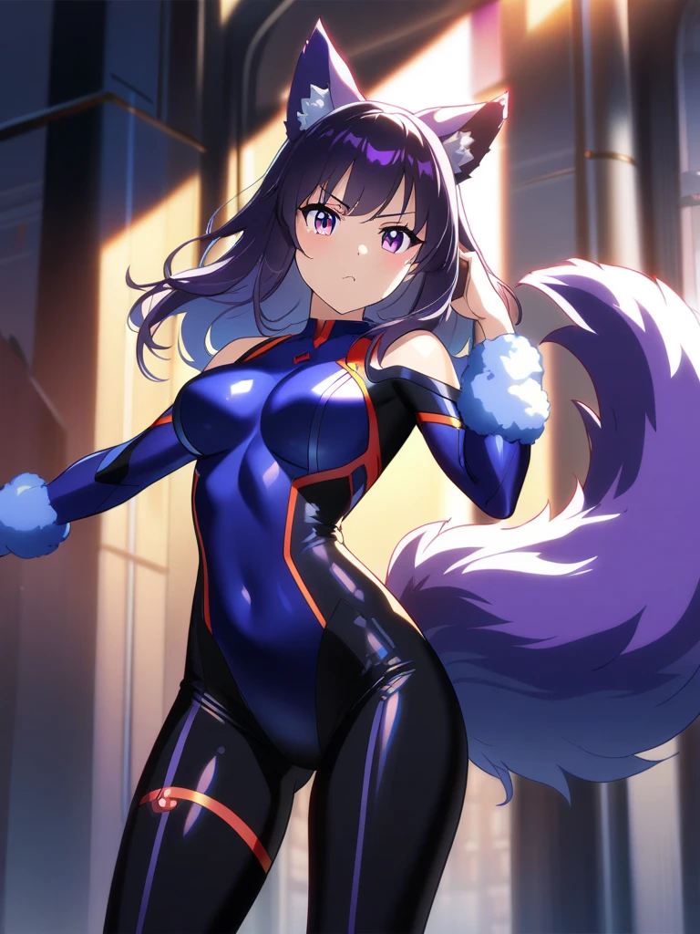 ultra-detailed, Explicit, Beautiful body, Beautiful Nose, Beautiful character design, perfect eyes, perfect face, ultra highres, 4K, beautiful legs, perfect legs, Nice hands, Perfect hand, Masterpiece, Best Quality, Highly detailed, illustration, absurdres, perfect anatomy, expressionless, blank eyes, emotionless,corruption, mind control, female combatant, full body, hypnotized, unhappy trance, full body suit, ribbed bodysuit, both arms at side, obey, perfect female body, looking at viewer, hypnosis, hypnoLora, empty eyes, Mind control device, poses, submissive_pose, Slave, Fighting Stance,numbersuit, two-tone bodysuit:0.9, blue bodysuit:0.9, light blue bodysuit:0.9, (((pixel-perfect, detail-perfect))) 1girl, solo, hair ornament, long hair, black hair, purple eyes, cat ears, large breast, huge breast