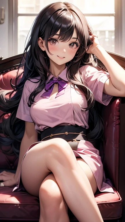 (A young attractive woman, very busty, long black messy hair like she just woke up, confused embarrassed expression, white open blouse revealing her light pink bra, black skirt unzipped at her ankles, soaked pink panties, red scarf) she is hot and flustered lying on her back on her desk legs spread, her body is being rocked as if she was having hard sex (breasts bouncing, body rocking back and forth), her panties and thighs are soaked with her cum. (subject 2: In the back of the class room a girl is drawing arcane symbols on her work papers and watching her teacher with an evil grin)