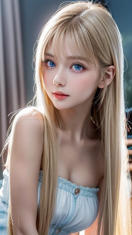 Gentle expression、Young shiny glossy white glossy skin、yellow bra、underwear, Great looks、Blonde reflection、short platinum shoulder-length blonde hair with dazzling highlights、Bangs between the eyes、bangs that fall on the face、Shiny bright hair、silky straight hair、Shiny beautiful bangs、Sparkling crystal clear attractive big bright blue eyes、Very beautiful, lovely and cute 16 year old girl、Ample Bust、Healthy glowing skin、Small Face Girl、Round face、cleavage、slim、thin、natural large breasts、spreads legs、see through nipple、looking at side、front view