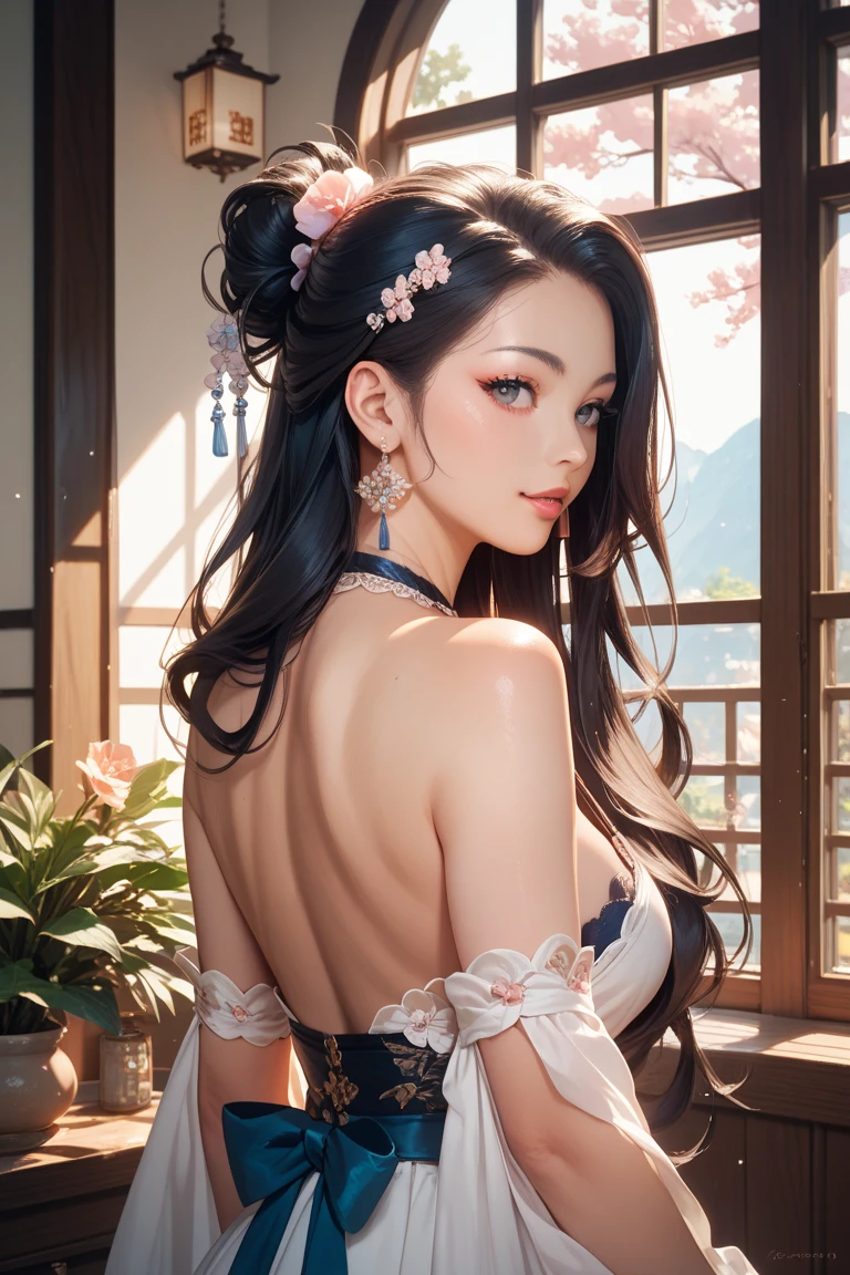 tsuruta ichiro, Narrow-eyed, 1girl in, Allback、deadpan、short-hair、shorth hair、brow、Reluctance、A dark-haired、Tucked Hair Solo, Cowgirl, Onepiece, ((mideum breasts)), Thin slit eyes、Black eyes, Light shines on the eyes、Black hair, gloves, Dress, Luxurious Jewelry, earrings, sharp eye、 elbow groves,Raise your hands and tie your hair back, random color, random color dress, Makeup for long eyes, Slender eyes、lip stick, Complex petal pattern, Rim Light, Back Light, pastel color,Studio Lighting
