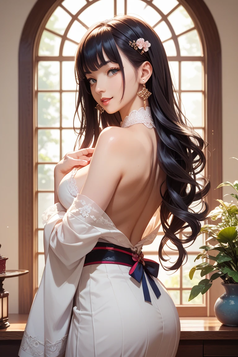 ((highest quality)),((excellent quality, 8K, masterpiece: 1.5)), The genitals are clean: 1.4, perfect body beauty: 1.4,  sexy hanfu clothes，sexy hanfu clothes，I can see your pants，gray hair，wet skin, sleeping in bed，back stance，pointy butt，round butt，pointy butt，raise your butt，film texture，