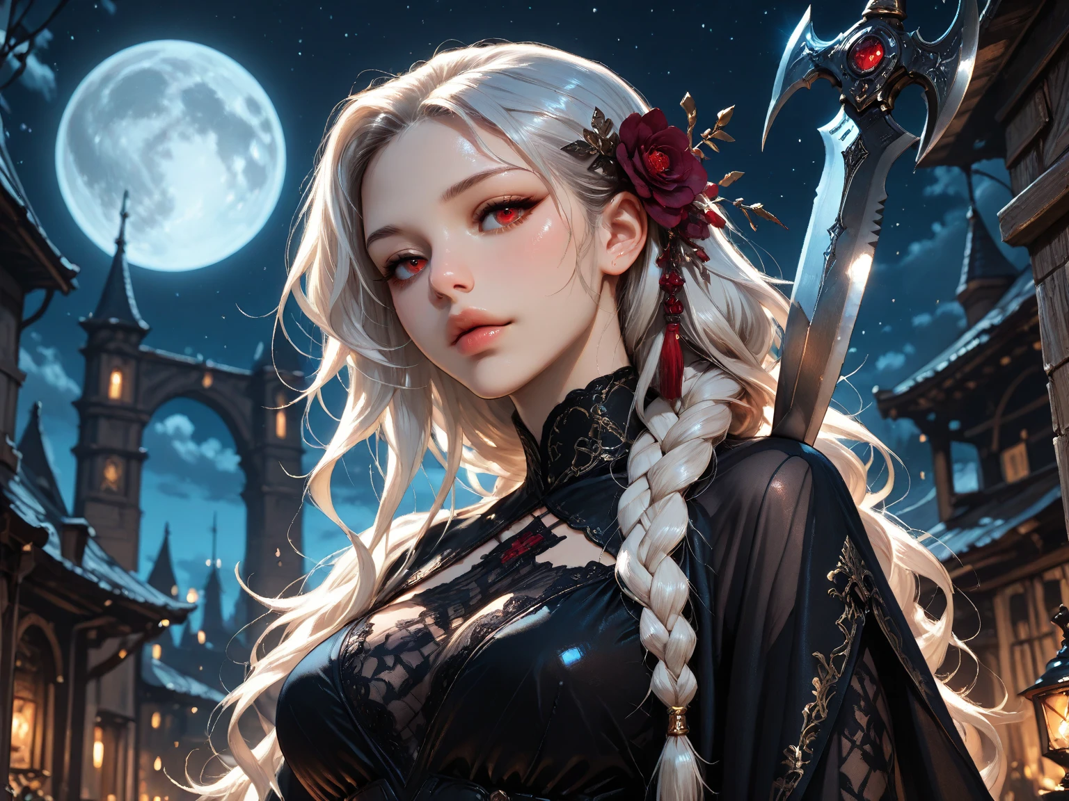 masterpiece, best quality, (Solitary focus), (Perfect face:1.1), (High Detail:1.1), (Extremely detailed eyes), dramatic, Pale skin、Woman with thick white hair, White eyes, Solitary, Long hair, Sephiroth, moon, night, White luxury suit, Cover the navel, Pursed lips, fur, Arrogant expression, Rose花园, Detailed background, Artgerm&#39;s Artwork, Movie Lighting, Rose, Fashion, Balenciaga style