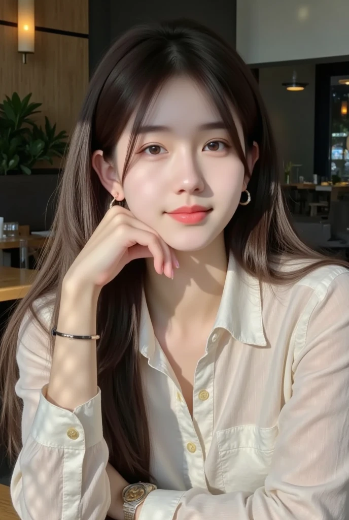 Close-up of a woman wearing a yellow shirt, Korean girl, Ulzzang, with a round face, wan's Korean face is so cute, beautiful south korean women, หญิงKorean girlที่งดงาม, Portraits of Korean female idols, Cute young Korean face, Jae Yeon Nam, หญิงKorean girlที่สวยงาม, Popular Korean cosmetics, Trending on cgstation, Lalisa Manoban, Headshot profile picture, Thai girl anime, Haraf woman looking at camera, Southeast Asian women with round faces, looking at viewer, Has very long black hair., My hair is very long.,Big eyes,Double eyelids, black eyes, Chest circumference measures 38 inches., The chest is round and shiny., abdominal muscles, perfect body, Wear a dark round neck t-shirt., Bright colors, expensive silk, outdoor, Warm light, The morning sun shines beautifully., (digital painting, HDR, high contrast), straight face, face focus), (Highest quality:1.4, 3D 8K, 45,000,000,000,pixels,),(Masterpiece:1.3),(sharp focus:1.2),glowing face, (Red cheeks:1.4), ยืนเดินoutdoor, The evening sun shines beautifully and realistically.,