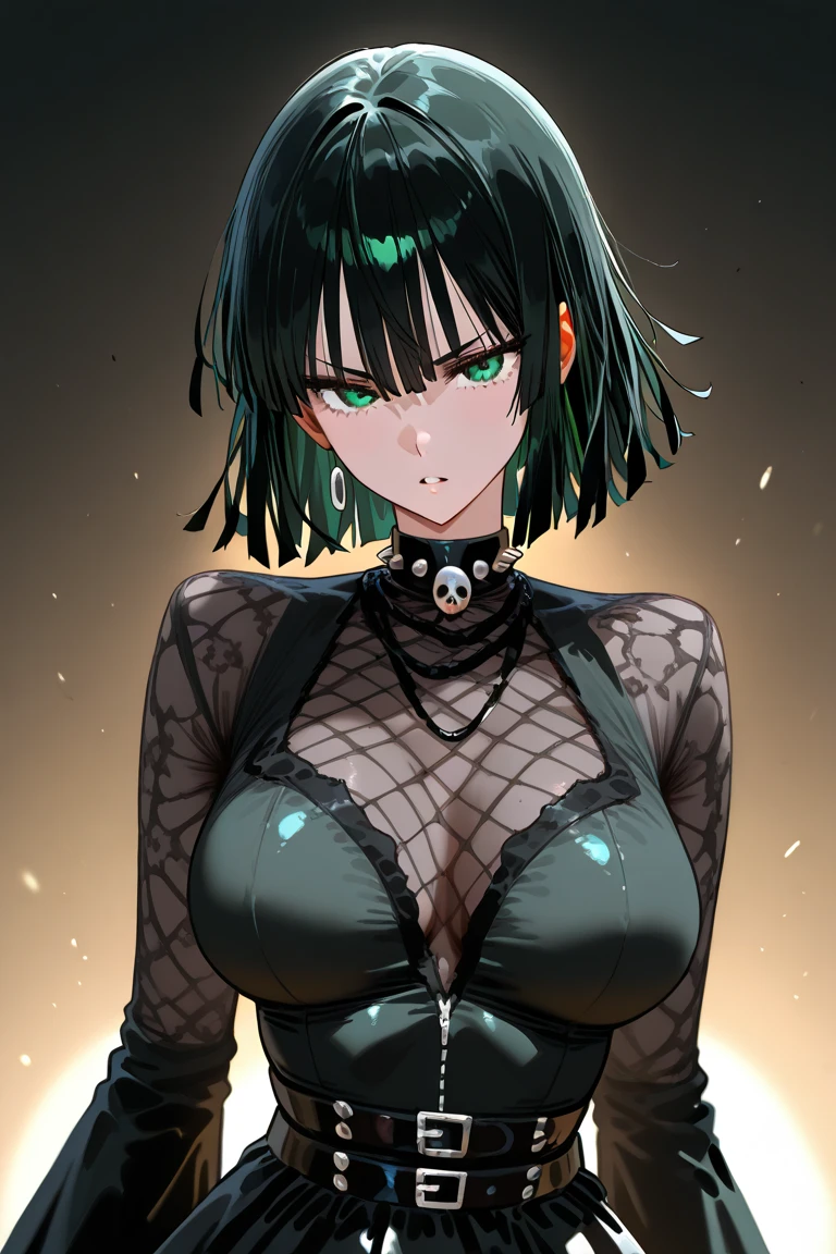 ((best quality)), ((masterpiece)), (detailed), short hair, female, two-tone hair, green and black hair, hair color split in middle, green eyes, dominant colors are black and green, mature, tattoos on neck and arms, goth, metal, rocker, serpentine, split tongue, snake fangs, 1girl, arm sleeve, pants, snake elements, mean, piercings