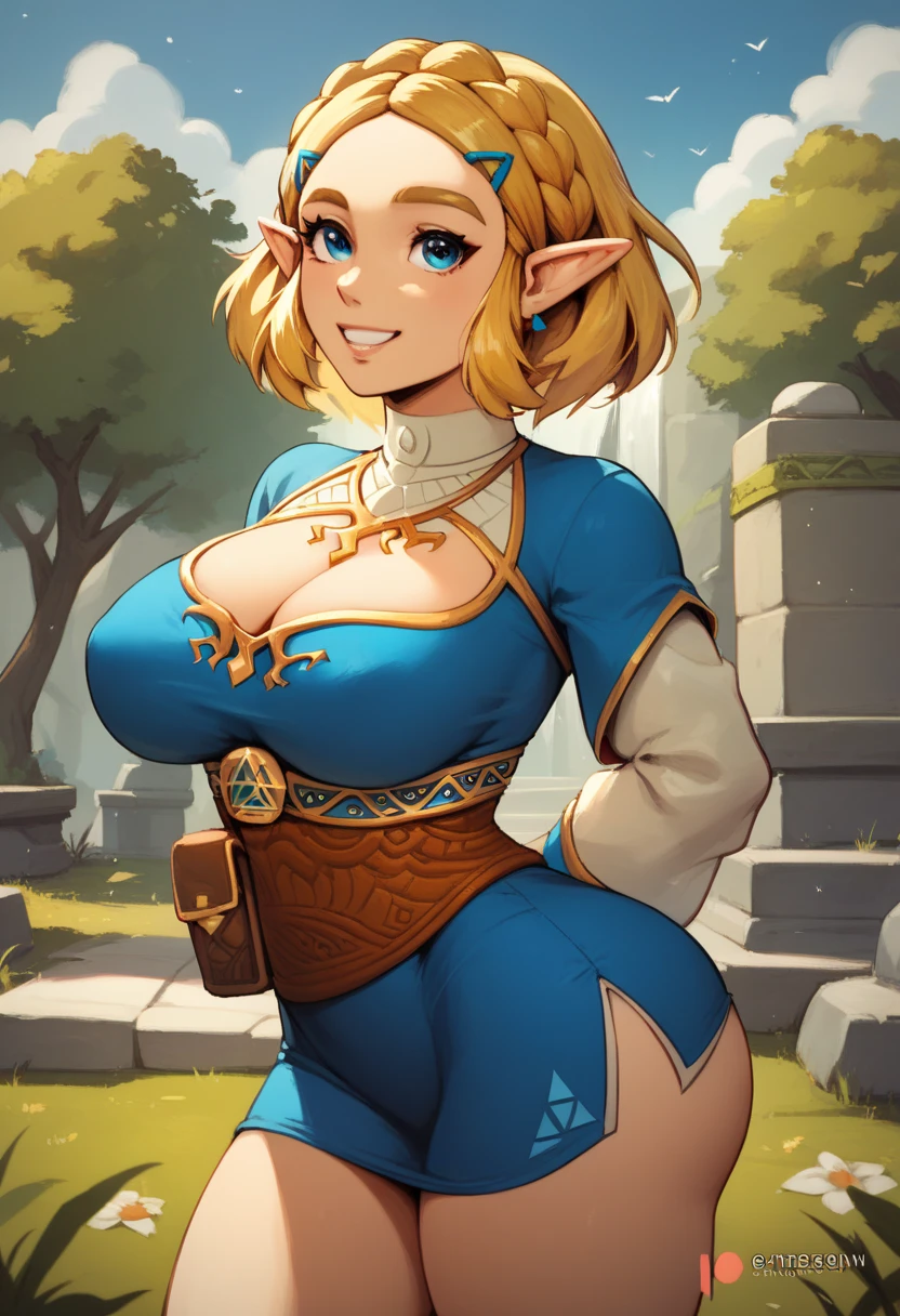 A Woman with long hair in blue and beige clothing holding a modeling pose, warrior, Zelda, full body Portrait of Zelda, Zelda legend, Photos cosplay, Ornate Cosplay, Professional Cosplay, Cosplay, Full Cosplay, Artgerm Moody Photography, Princess Zelda, Zelda as Triforce, Hyrule, Anime Garota Cosplay, ray-traced, 3d-render, extremely detailed, high quality, realistic light and shadow, hair loiros, eye reflection, slight smile, (Ultra Quality,Unparalleled Masterpiece:1.4)Overwhelmingly Pixel-Perfect,Ultra-Detailed CG 4K,(Ultra-Detailed Clear Absurdly-Vivid Jade Big Eyes:1.2),Gorgeous Round Detailed Face(Voluptuous:1.4)Elf(big BrVoluminous Long Blonde Hair: 1.4),ADULT(Bangs, Sidelocks:1.2)Seductive(intriely detailed white dress:1.3)(Zelda)(Celestine Lucullus: 1.2)(Solo:1.4)(1Girl: (Facing Viewer:1.2)(arms behind back:1.2)(Cowboy Shot:1.2)(from above:1.1),Skindentation(Curvaceous:1.4)(Curvy:1.4)(Bimbo: 1.4)(Normal Waist)(Thick Lips: 1.3)small-nose(light smile: 1.2cks,Trees, Plants,Bush,Color Graded, dress as sailor venus