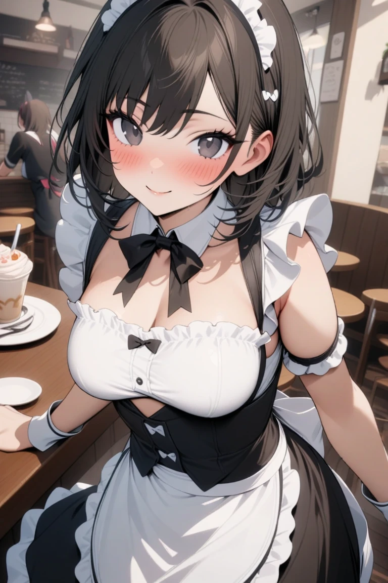 最好质量、1girl in、maid、garterbelts、sora、colorful strands of hair、a cute 、Lustrous skin、24 years old、Shines、High contrast、Tempting、Sensual milf, Serving customers at a café, big tit、White blouse、Black skirt、Sleeveless、Beautiful thighs、White headband、poneyTail、Random angles