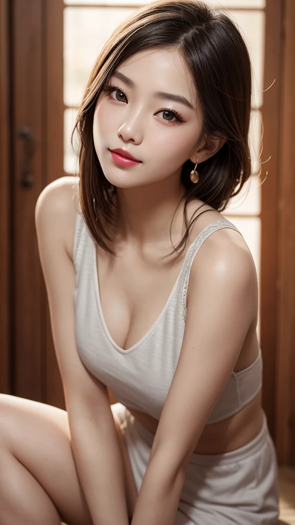 (highest quality,8K,masterpiece,cinematic),Bewitching Japan model posing on her lap,very short hair,full nude,Huge ,fine white loose t-shirt),denim pants,Elaborate necklaces,elaborate earrings,leaning forward,Pick up a handkerchief,Upper body,crawl on all fours,