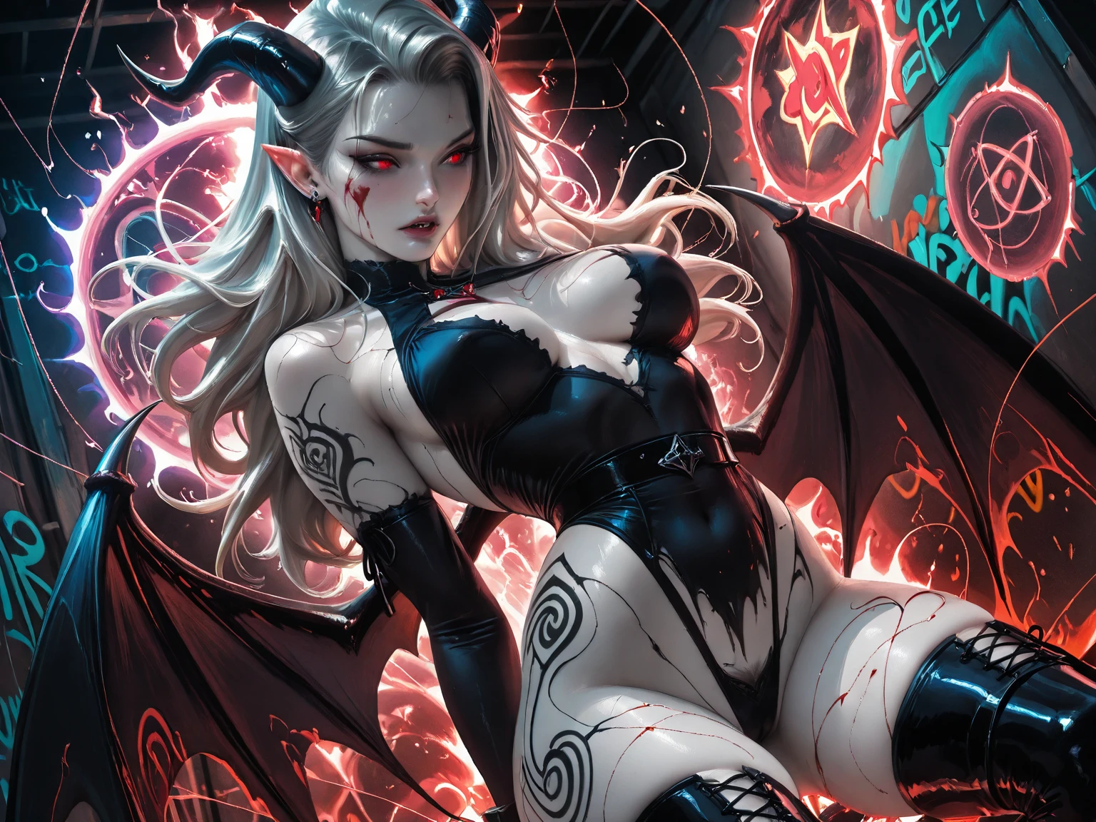 (carnage:1.5),(black and white demoness:1.5),(beautiful female model:1.5), (demoness with Large horns:1.25),(1 super muscular succubus with flayed skin:1.5), (covered in thick white muscle suit:1.5), (exposed perfect anatomy:1.5), high detail, best quality, masterpiece, finely detail, realistic skin texture, 85 mm art lens, f 1.2, sharp focus, 8 k high definition, insanely detailed, intricate, , dark hair, glowing white background, , hair bun, beautiful female face
