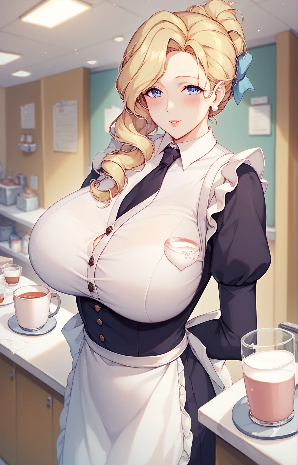 "An ultra-detailed, best quality masterpiece featuring a maid with long hair, large breasts, an ahoge and wearing an apron. The scene includes milk and mayonnaise, giving the artwork a unique and sensual touch."