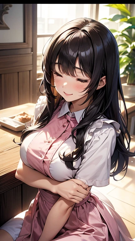 ((masutepiece, Best Quality)), ((hight resolution)), (photos realistic), Best Shadow, high detailing, Very detailed, (nice hand, Perfect hands), (Face Focus:1.2), ((1girl)), Beautiful Girl, 18 years old, black eyes, (black long Hair:1.5), (small breasts:1.3), (Smile:1.3), Glossy white skin, (view from front:1.3), (Very slender:1.3), (Cute face:1.3), (look at viewer:1.4), detailed facial features,droopy eyes, Crisp focus, perfect beautiful body and face, Perfectly focused, (white blouse:1.3), Long bangs, (sitting:1.4), (in the cafe:1.4),