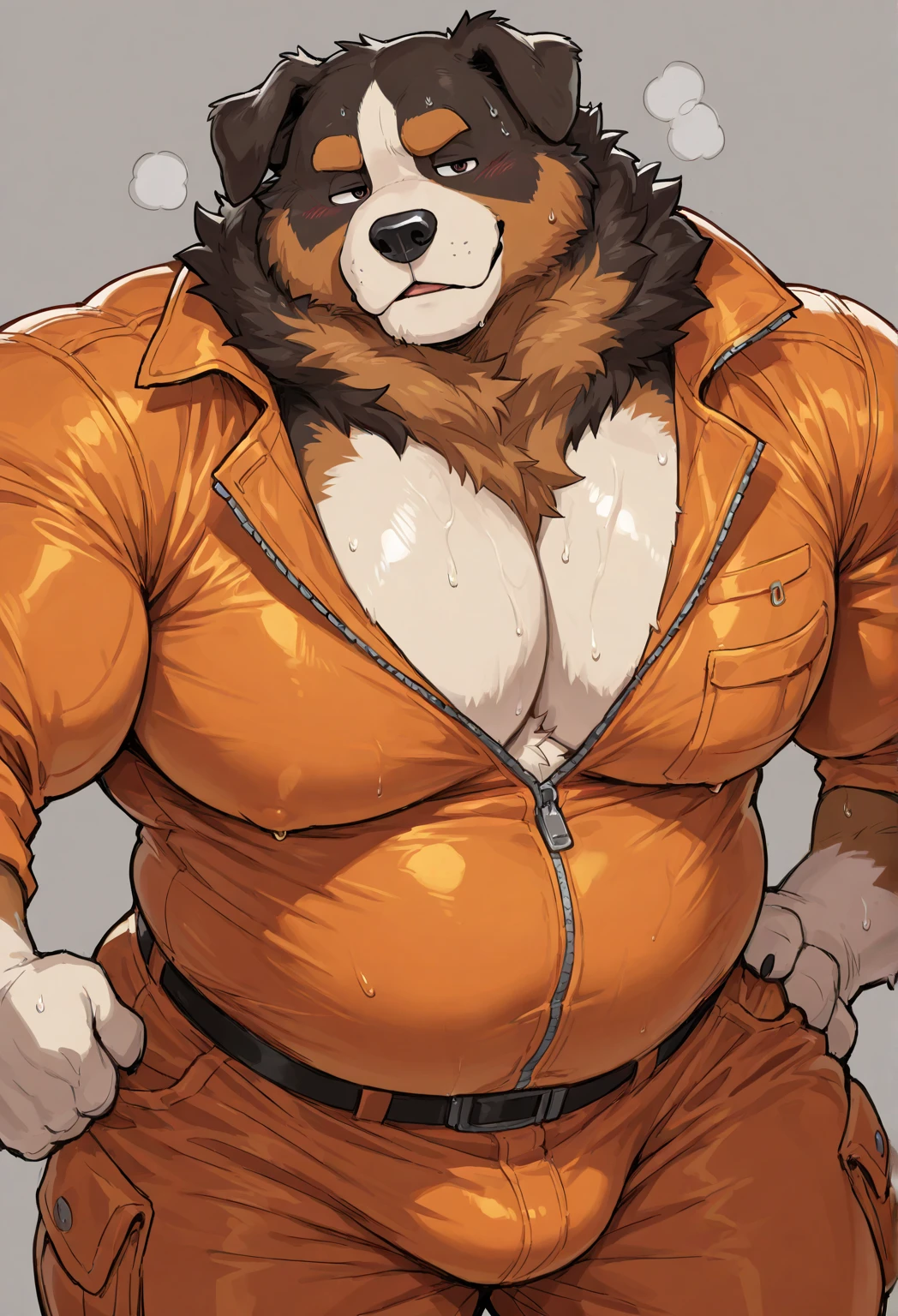 Portrait: Cute obese Canine; body leans forward; waiting patiently; orange jumpsuit; huge and fuzzy; (fat muscular, kind, big muscles; tan fur); huge gut, jiggly gut; seductive expression, sincere impressed, mega-obese Bear, detailed eyes, (massive stomach); masterpiece, best quality, amazing quality; Bernese Mountain Dog; Brown Fur; massive pecs; glistening fur, glistening skin, sweat