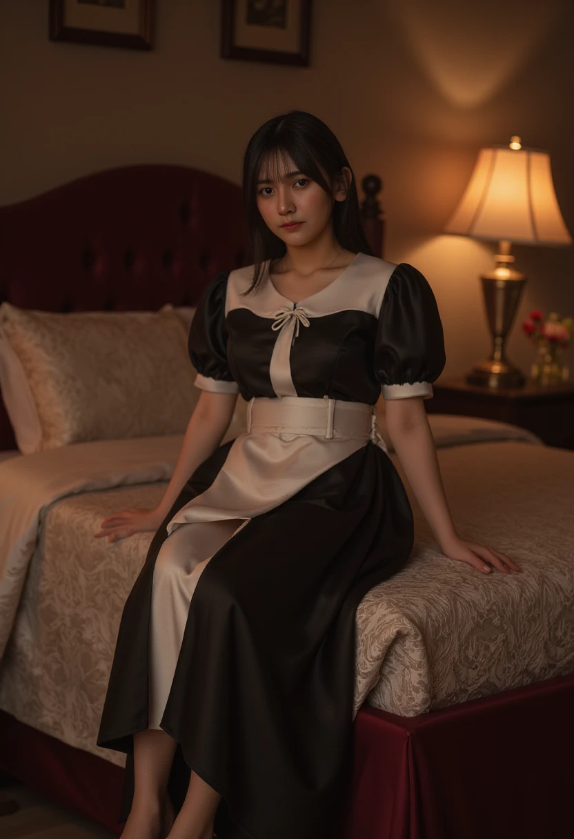 View your audience,Cinematography,One person,skeletally correct,Black-haired woman,Woman in her early 20s,Completely naked(Small earrings,necklace,Brown cape collar dress),(Inside the Western-style building,Dimly lit room,The lamplight shines on my cheeks,Kneel)
