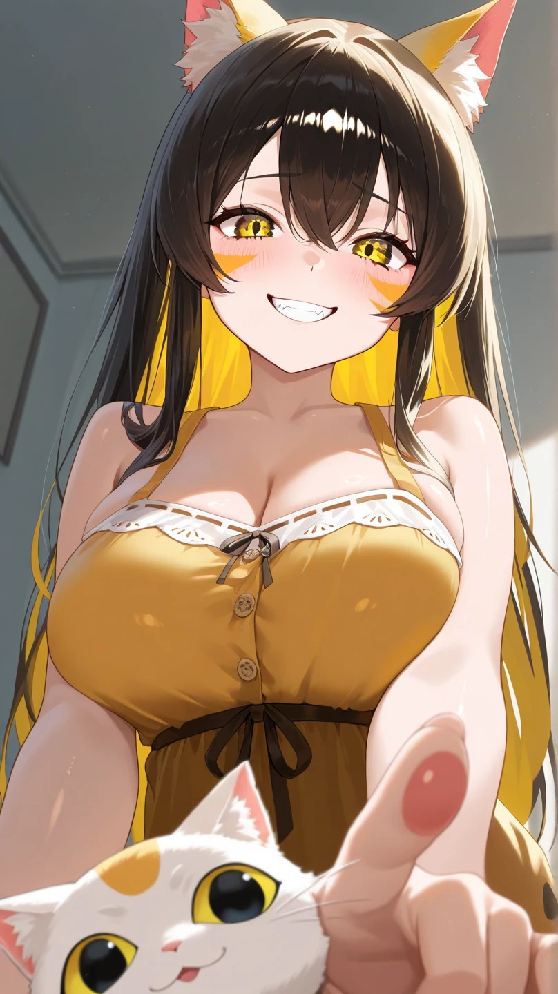 (8K, Best quality, tmasterpiece:1.2),\(eye detailed\),(\(Clothes detail details\)\),full bodyesbian,(huge tit),(Facial focus) ,Very detailed CG unity 8K wallpaper,hugefilesize,ultra - detailed,A high resolution,absurderes,beautidful eyes,Ray traching,dramatic shadow,finely detailled,Dramatic angles,Hyper-detailing,(1 girl:1.3),(Solo),,Mature female,Long hair black,Green eyes,Wearing(cosplaying_magical girl,very cute yellow dress with ruffles,Large Ribbon Bow Tie Back),