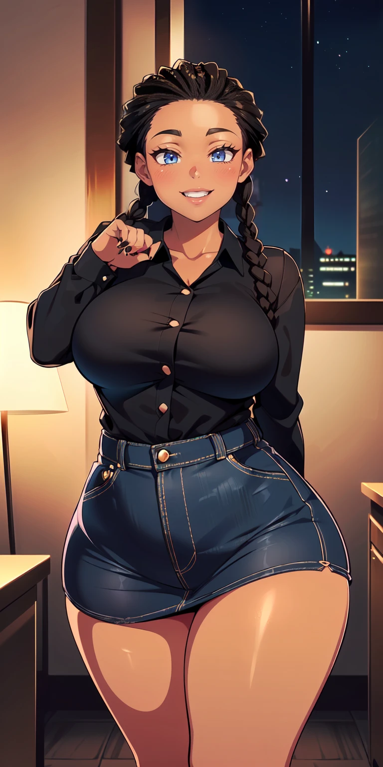 4K Quality, grinning, sexy pose, black plaid miniskirt, standing up, black african braids, dark skinned, thick thighs, big breasted, big ass, looking at viewer, braided hair, amber eyes, night time, bedroom eyes, full body, city background, perfect face, perfect body, perfect eyes, full lips, hoop earrings,