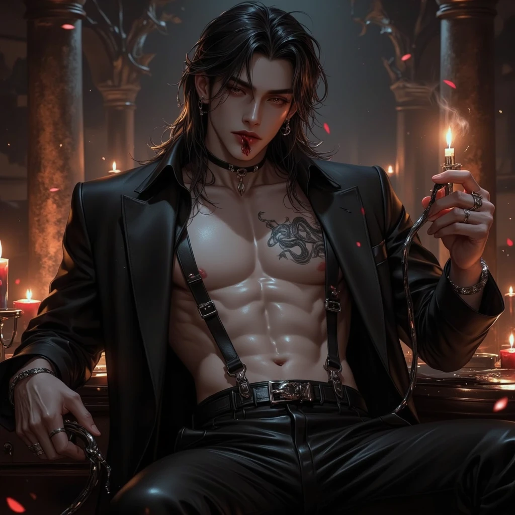 daemon, infected with mushrooms, cutting your skin, drinks alcohol, flowing down his body and mixing with the blood on the floor.