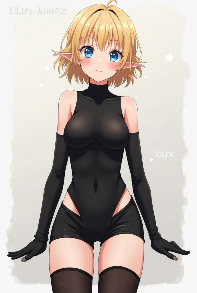 Blonde hair, short mash hair, turquoise eyes,A girl with impressive blonde hair、hair ornaments、short bob、hot pants、smile、dynamic pose, Showing armpits, hands behind head, nakedness, Black bondage suit、mocking smile、Small breasts、１２age、The angle of view is from the front、The camera is from the front、looking at the camera、Standing footjob POV1.5,Sole、Barefoot standing footjob POV 