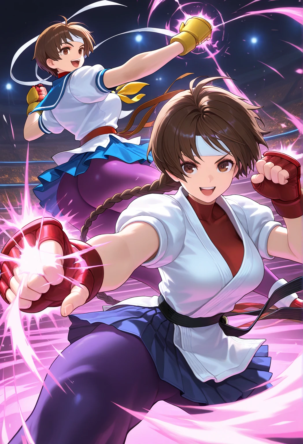 i need a mascot logo of Mai Shiranui with sword and gun