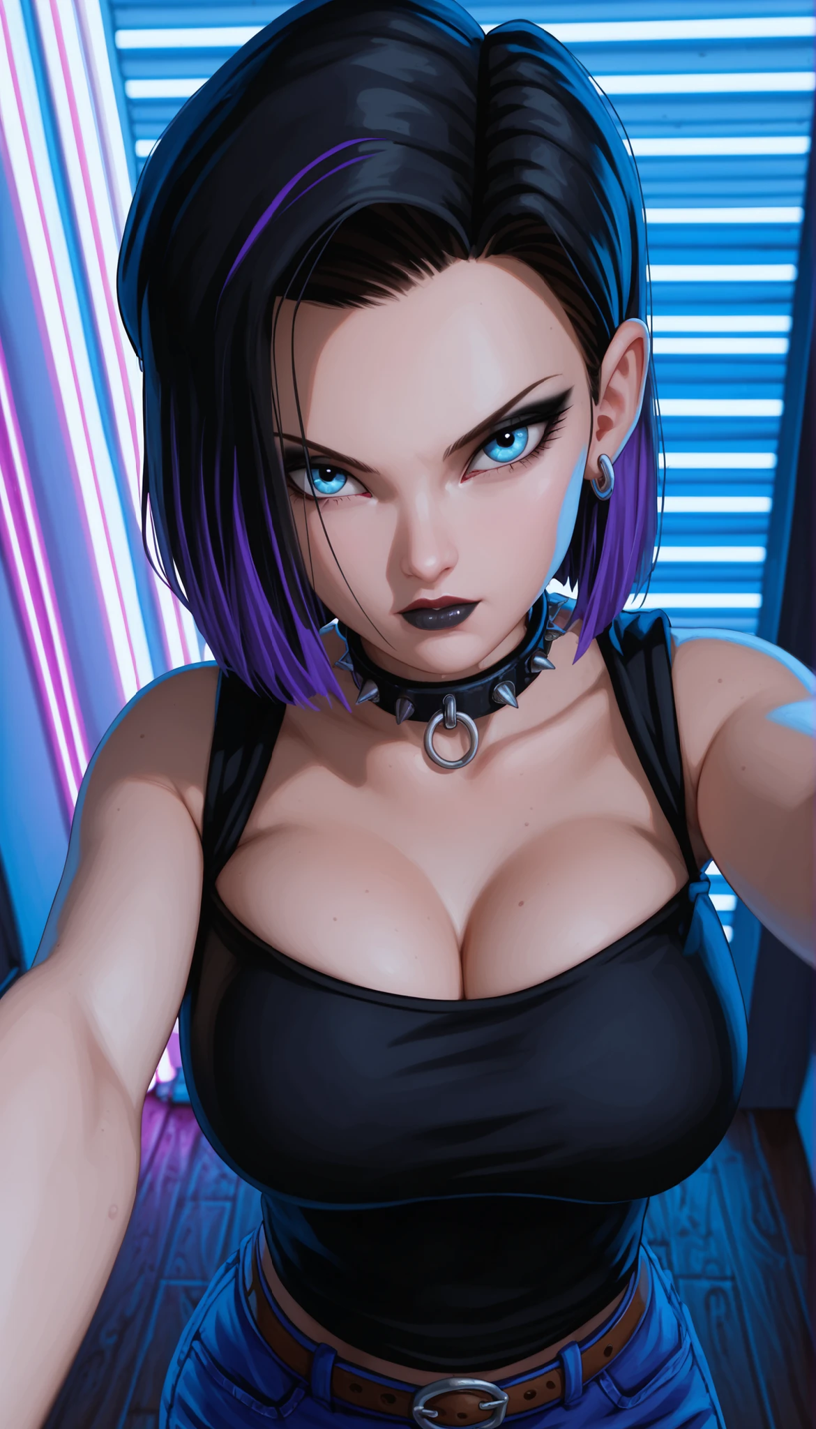 Android 18,Huge breasts, gelatinous breasts,blue eyes ,up close,head on ,In the room,Black eyeshadow,Black hair with purple highlights ,Gothic,Black lips,Black gothic sleeveless strapless blouse ,with gothic collar ,Gothic Room,With neon lights,Serious girl,Gothic Girl ,pov selfie ,alone,1 girl ,Vivid colors,RTX,Ultra HD, 4k,Good lighting,Full color,Ray tracing,Good shadows, realistic light,Realistic shadows,Nice details,High definition,High quality ,ultra resolution,((Looking from above,Viewing from above,up close,Very close,Detailed skin ,At night,in The night ,With black hat )),