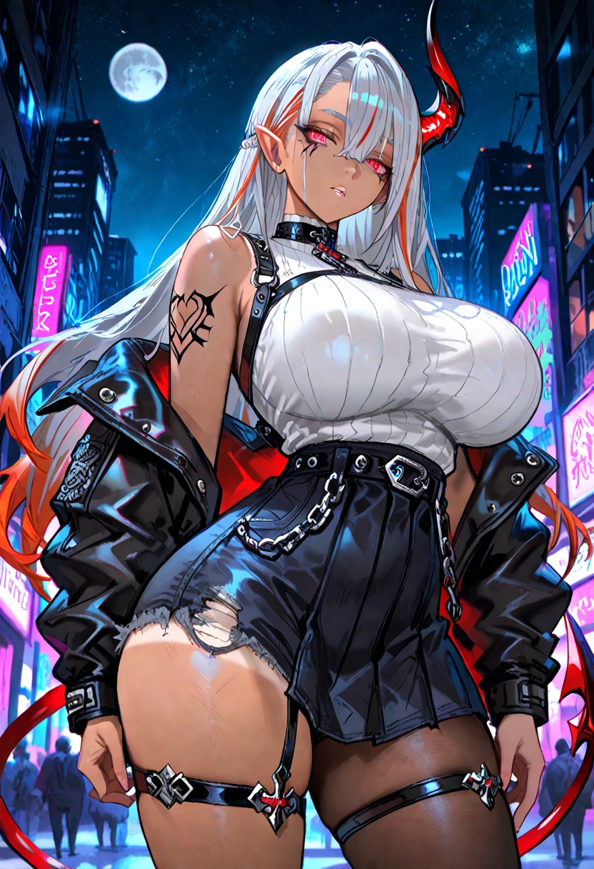 Best Quality, 8k, High resolution, high quality, masterpiece, Beautiful, (Anatomically correct:1.2), A beautiful woman, 20th Generation, Silky gray hair, Straight Long, long bangs that hide one eye, Red eyes, Beautiful Skin, Tall and toned body, pointy big breasts, Extreme black and red micro bikini, (Black hot pants), Black Leather Jacket, valley, sexy, night, skyscraper, evil smile,