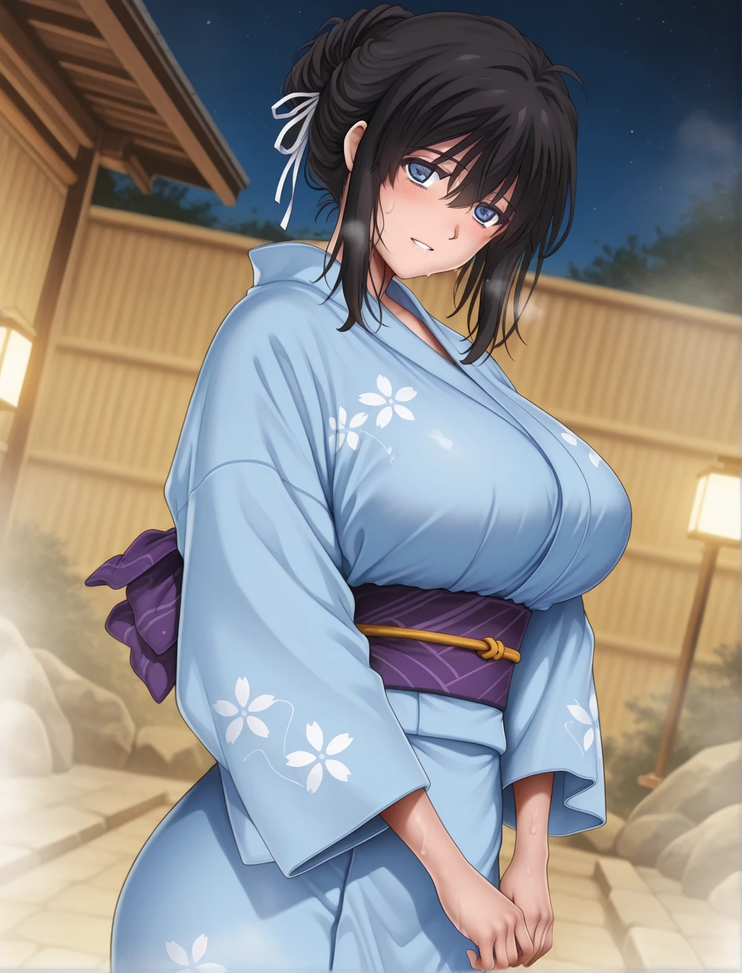 (anime cels style, best quality, high resolution, anime colored, megami magazine, sharp, 8k), (beautiful eyes:1.5), sakaguchihinata\(ttigraas\), black short hair, large breast, cleavage, (japanese clothes, yukata:1.5), cowboy shot, seiza, (perfect detailed anatomy, perfect arms, perfect fingers, beautiful face, perfect body, shiny skin), 