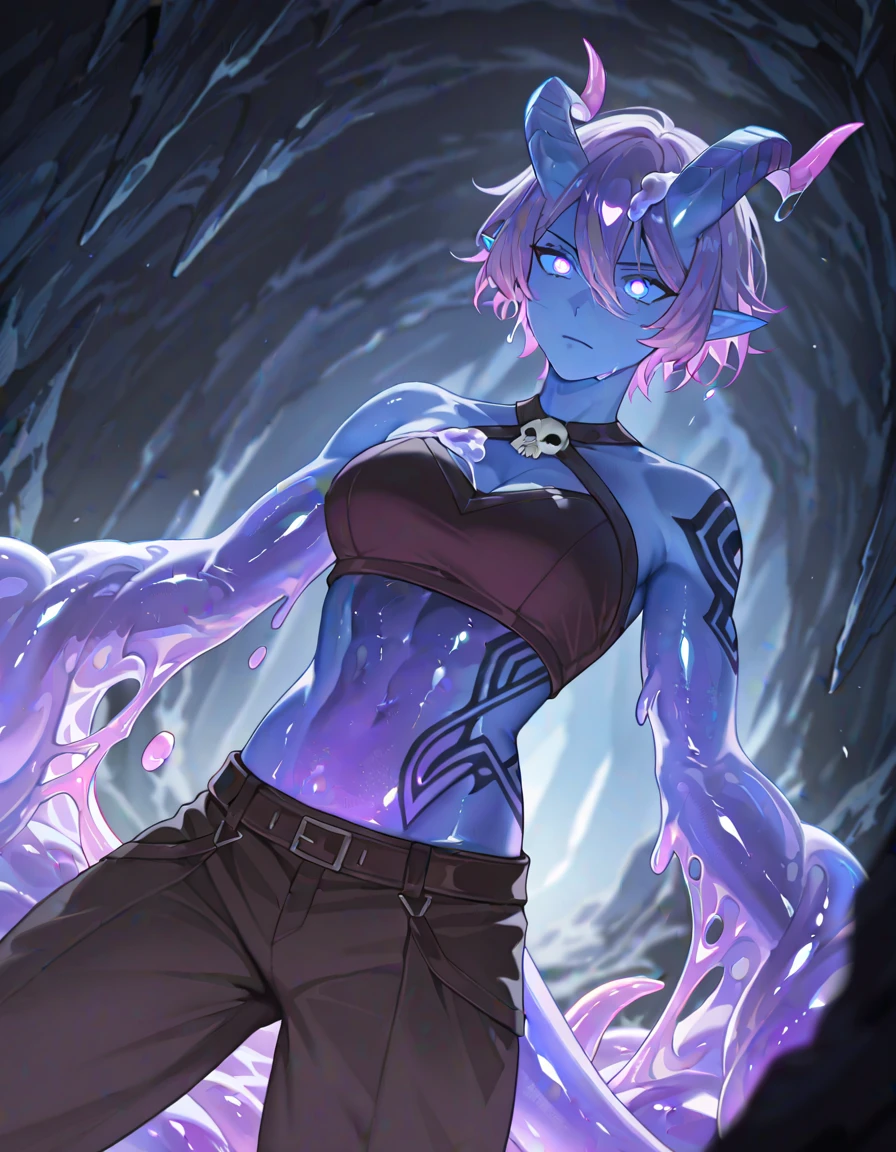 Busty muscular, axolotl pressing her chest on the glass.