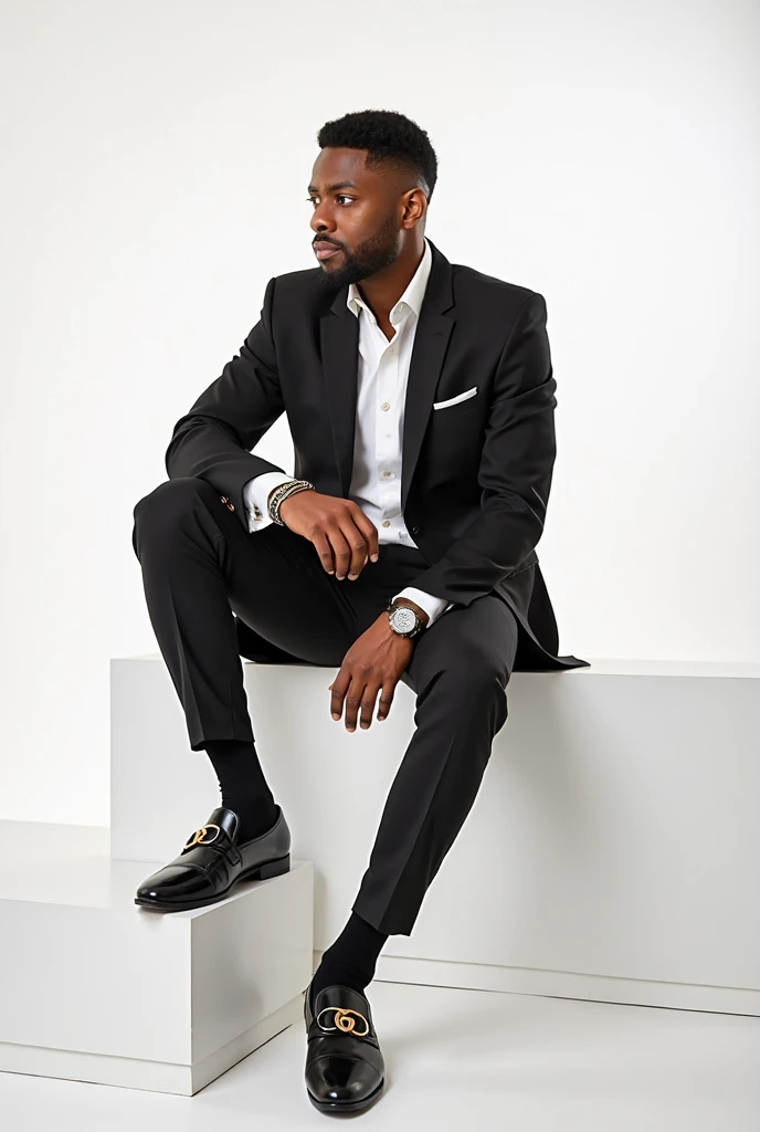 best qualityer:1.4), (ultra high resolution:1.2), (photorrealistic:1.4), (8k, CRU photo:1.2), a thin young man of 20 years old, skin black, with a smooth, beardless face, with short hair, with shaved sides and a low top, he is wearing a white turtleneck shirt and a black coat over it. He is wearing black dress pants and white sneakers.. He is sitting on a black chair. You are in a photography studio with a white background 