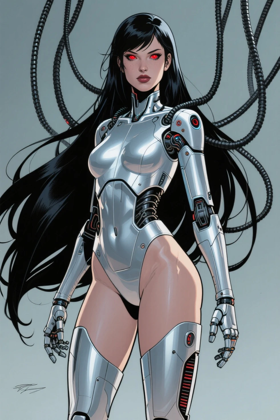((Cowboy shot:1.4)) 1 Same Girl , Perfect Beautiful , robot Face ,(chrome skin:1.1), (silver arms, silver face, silver legs) ((android woman)),( metallic android , long Hair , Black Gothic Nun Dress , Athletic Body , ((gigantic breasts:1.2)) ((metallic legs:1.2)), Extreme Detailed Portrait With Bokeh Effect , Realistic Lighting , Night Street View , Dark Vibe , Crowd , Gothic Makeup , Gothic Tattoo , Posing Like a Model , Look at Viewer, cool lighting, blue street lamp light((moonlight ambiance light:1.0))