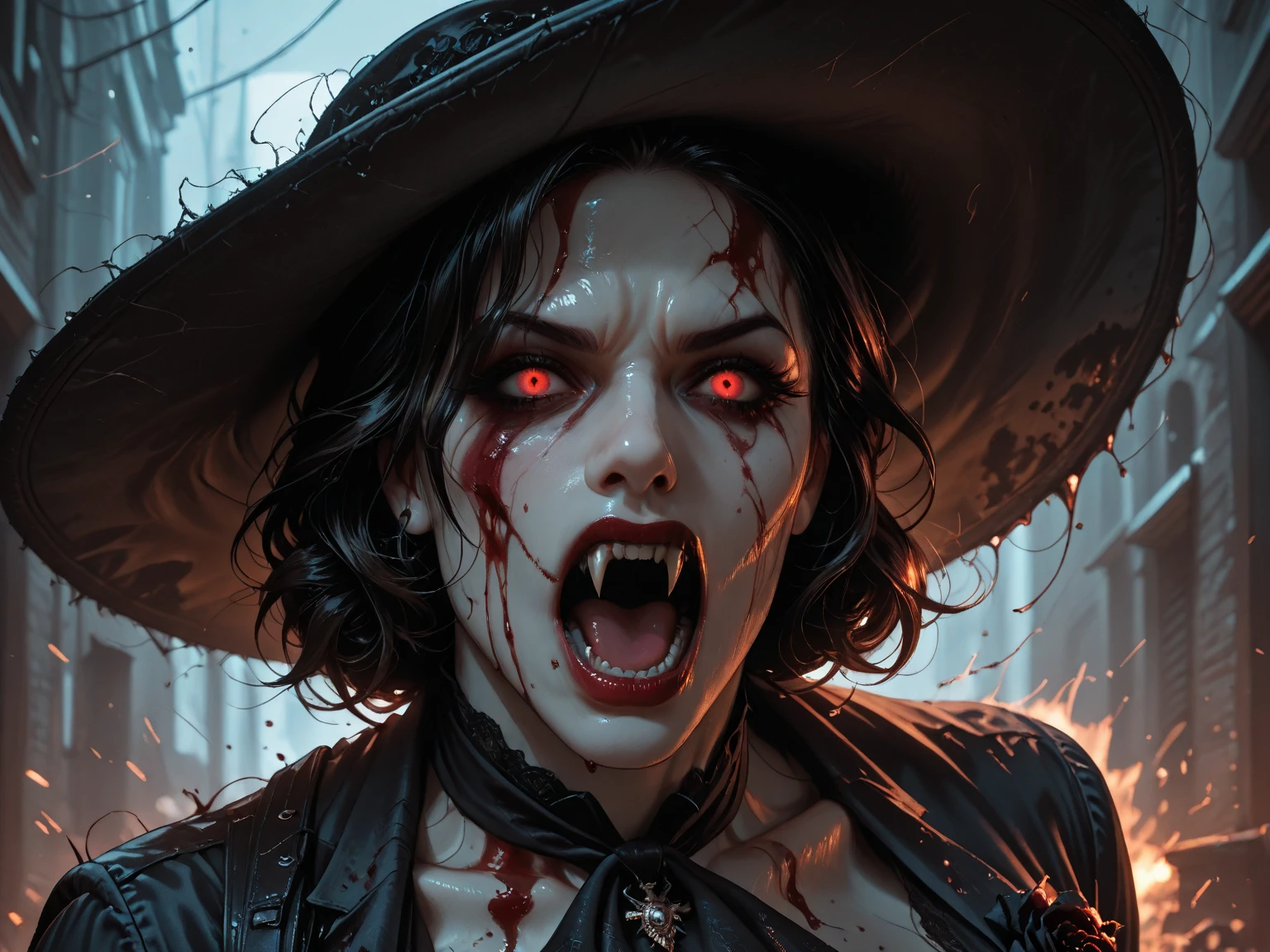 ((best quality)), ((masterpiece)), ((realistic)), front vision, night, full body, A vampire woman, a werewolf and a zombie in a cemetery, illustration, very detailed, sharp focus, digital render, professional, 4k