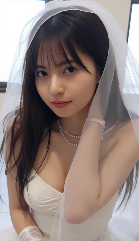 ((realistic lighting, highest quality, 8k, masterpiece: 1.3)), clear focus: 1.2, closed your mouth, balanced eyes, Detailed beautiful delicate face,(Detailed beautiful delicate eyes:1.32),Depth of the bounds written, cute, cute, looking at the viewer, cute, Idol, baby face, (gigantic breasts), (((super big breasts))), (super plump body), smile, beautiful_feet, shining eyes, blush, perfect body, (princess line wedding dress:1.3),(boat neck:1.5), bridal tiara, wedding veil, bridal gloves, full body, long-Hair, cozy bedroom, on the bed, sunlight, earrings, necklace, model, looking at the viewer, positive, absurd, (highest qualityの詳細:1.42), ((high ponytail)), realistic,8K high resolution, super detailed, high quality texture, intricate details, detailed texture, finely, high detail, Very detailed CG, high quality shadow,messy hair, floating hair, crawl on all fours, The absurdity of exposed cleavage,thighs,((low-angle shot)), face forward,forward leaning posture