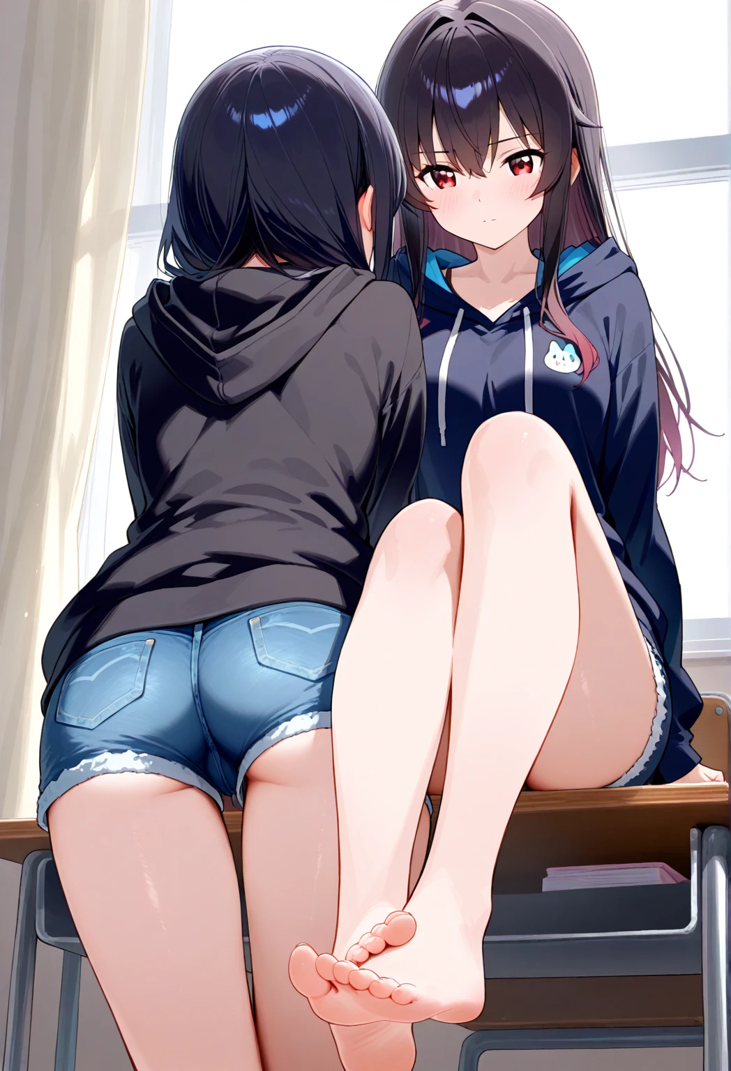 (Masterpiece、high resolution)、(Multiple Girls)、Elementary school girl、8-year-old、Flat Chest、Black Hair、Long Hair、Purple Eyes、Embarrassed look（1 person）Exposed nipples、 Navy blue see-through school swimsuit, school classroom, standing pose, dynamic angle, black gal(Dark Skin:1.2)、(correction:1.1)、（short、small、small：1.2）、（Spread your legs、Open legs、Knee Raising：1.3）、between legs、perineum、Super detailed、Bright colors、Very beautiful detailed anime faces and eyes、It looks straight、;d、Shiny skin、