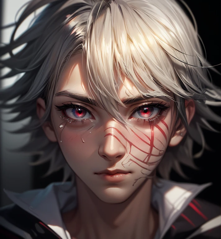 （1人：1.3），Dark boy，（（Cracked mouth：2）），（Demonize），（（Vampire teeth：2）），Furious action，（depression+social phobia+schizophrenia：1.1），（（Bloodthirsty expression）），（（fang：2）），（One color：1.2），shadows everywhere，sportrait，Short Hair Hair，（Arrogant：1.4），Looks cloudy，Background Black，Red eyes，T- shirt，Grayish tones，cinmatic lighting