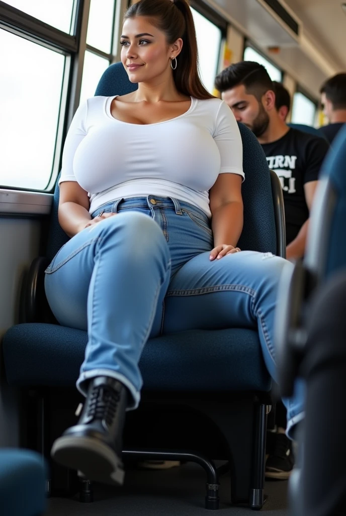 1 beautiful woman, large body, eyes closed, eyelids made up, pearls in her ears, neckline, WHITE T-shirt, light blue jean pants, black shoes with heels, black bag, hands crossed, asleep, asleep sitting on the bus, Eyes closed, Lucy Pinder, breasts, voluptuous woman, ((Very intense makeup)).