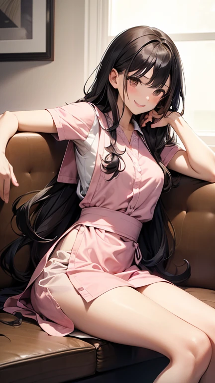 Woman, cute, adorable, smiling, straight hair, long hair, black hair, (sitting on chair:1.8),
(crossed legs:1.3),
BREAK (light-pink theme:1.4), (light-pink nurse cap on head:1.4), (elegant and glossy pink satin fabric luster:1.3), ((fit and flare, A-line):1.3), (fusion of very short sleeve light-pink satin one-piece dress and A-line ultra miniskirt:1.4), ((high neck, side open stand collar):1.3), ((closed-fitting, emphasizes body line):1.3), white overknee socks, white thigh-high tights, (pumps:1.2),