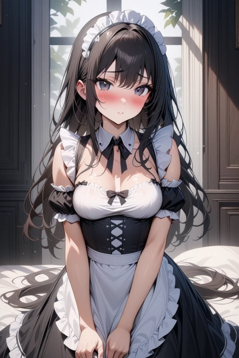 an anime image of beautiful woman dressed in gothic fashion, with very large eyes, 1girl, breasts, solo, cleavage, blue eyes, maid headdress, black hair, large breasts, looking at viewer, long hair, maid, dress, smile, tongue, black dress, bangs, frills, tongue out, blush, apron, short sleeves
((kiddie, JC,littlegirl,kodomo))