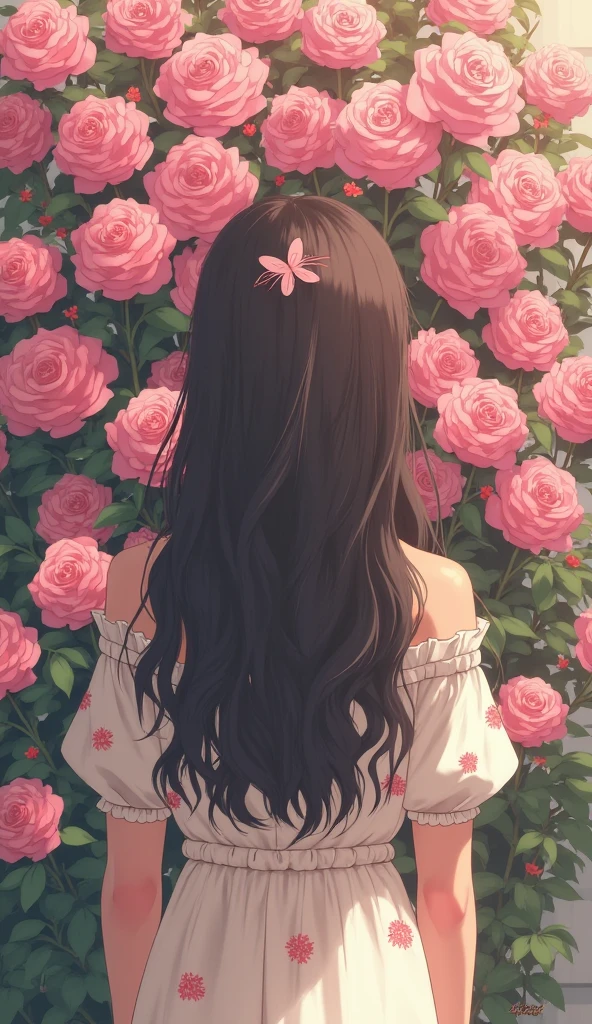 in a sitting pose, a brunette woman, back view in her hands, wild flowers, colors white-green, light gray and light red, in manga style, 2D illustration