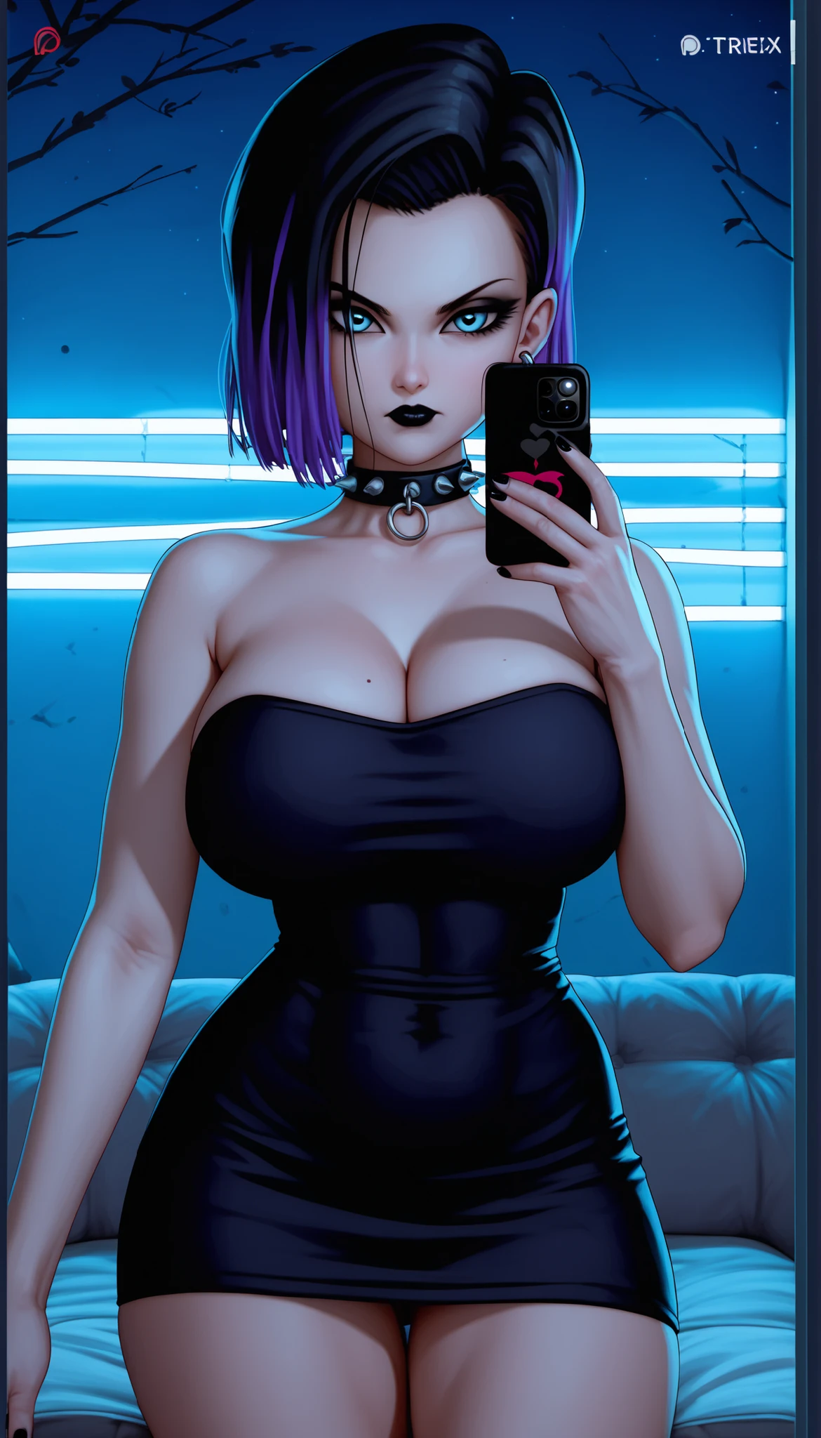 score_9, score_8_up, score_7_up, score_6_up, score_5_up, score_4_up, score_9, medium shot, torso shot, portrait of seductive voluptuous Goth raven form teen titans, focus on breasts, perfect hands, perfect fingers, rating_safe