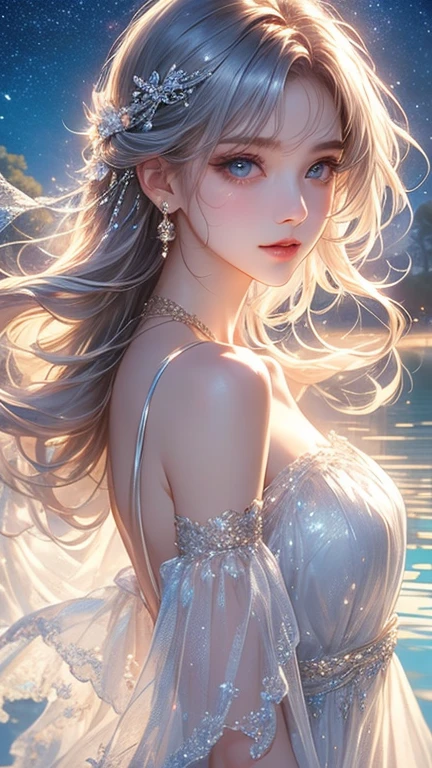 (best quality,4k,8k,high resolution,masterpiece:1.2),Super detailed,(actual,photoactual,photo-actual:1.37),high dynamic range,ultra high definition,studio lighting,Ultra-fine painting,sharp focus,physiCarlly-based rendering,extremely detailed description,professional,bright colors,Bokeh,portrait,night sky,moon,ribbon,vitality,Dark silhouette,flowing long hair,feminine,Calm expression,sky full of stars,breeze,twinkling stars,peaceful atmosphere,soft light,subtle highlights,Silky texture,wisps of clouds,mysterious atmosphere,ethereal beauty,Carlmness,dreamlike,tranquility at night,magnificent scene,Magic is in the air,Celestial Enchantment,intimate moments,quiet contemplation,elegant posture,sense of surprise,moonlit landscape,tranquility in darkness,sentimental,Romantic,moon's reflection,Carl,Circuit board AI,