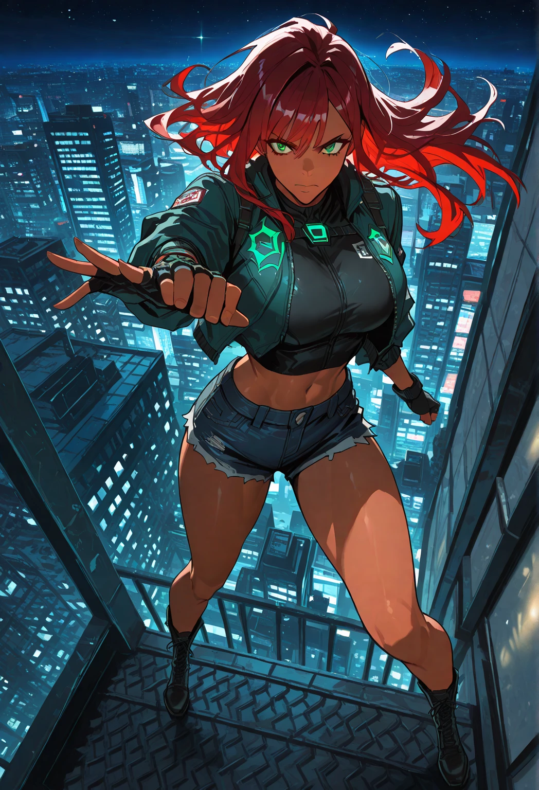 (masterpiece), (best quality:1.4), (perfect anatomy:1.4), high quality, expressive eyes, full body, detailed face, beautiful face, perfect face, 1 girl, breasts, cleavage, gloves, huge breasts, cyberpunk clothes, ultramarine jacket, very long hair, thigh length hair, ({dark skin}), dark-skinned female, detailed ((red hair)), messy hair, green eyes, braid, gloves, jacket, hourglass physique, casual outfit, shorts, dynamic lighting, cityscape background