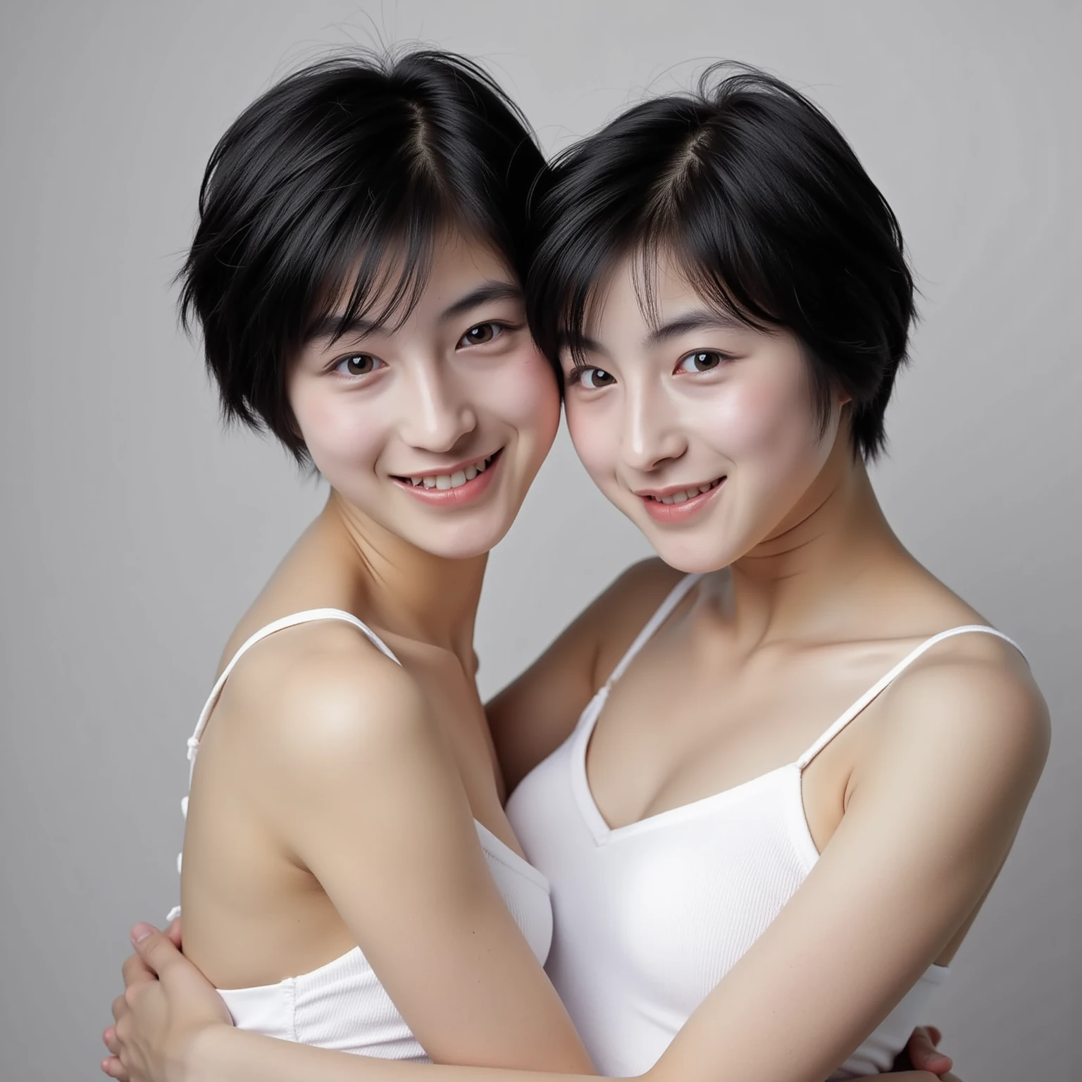 ((masterpiece、No areola、No areola、barechested、Hugging each other naked、Hugging each other naked、Hugging face to face naked、30-years old、Hugging each other's cheeks、Two beautiful girls、A detailed eye、Shorthair with bangs、shorth hair、very long neck、Put your ears out))、big eye、Distinct double eyelids、((top-quality, 超A high resolution、Both of them stare intently at the camera.、Light brown eyes、big eye、Clean collarbone、glowy skin、Glossy skin、Glossy skin、Straighten your back、The face of the golden ratio、a small face)), (Realisticity: 1.4), OriginalPhotographs, 2girls,cinematlic lighting、japanes、Asian Beauty、Korea person、Super beauty、Realistic skin type、(((clean very large breasts、A slender、long neck、Both have long necks、The bodies are facing each other、lipgloss、Highlights in the eyes、thin lips、smiling slightly、Closing mouth and smiling happily、Two people of the same height、Both are 190cm supermodels)))、(A hyper-realistic)、(hight resolution)、(8K picture quality)、(ighly detailed)、(Best Illustration)、(beautifully detailed eyes)、(ultra-detailliert)、A detailed face、looking at viewert、Facing straight ahead、Neat and clean light clothes、sleeve less、short-hair、Black-haired、46-point diagonal bangs、Background is really nothing but pure white background、Really pure white blank background、neat atmosphere、Two people full of neat charm、Smile happily、Two happy people、Thin and transparent naughty underwear、Special notes about each other