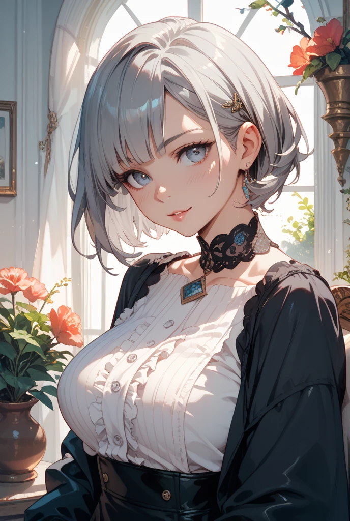 (( (masterpiece),(Highly detailed CG Unity 8K wallpaper),(bust shot:1.5), highest quality,cinematic lighting,Photoreal, detailed background,beautiful and detailed eyes,bright pupils,(very elegant and beautiful),(Beautiful and delicate depiction of eyes),Super detailed,masterpiece,High resolution)), richly decorated armor, beautiful female warrior, short hair, platinum blonde hair, cleavage
